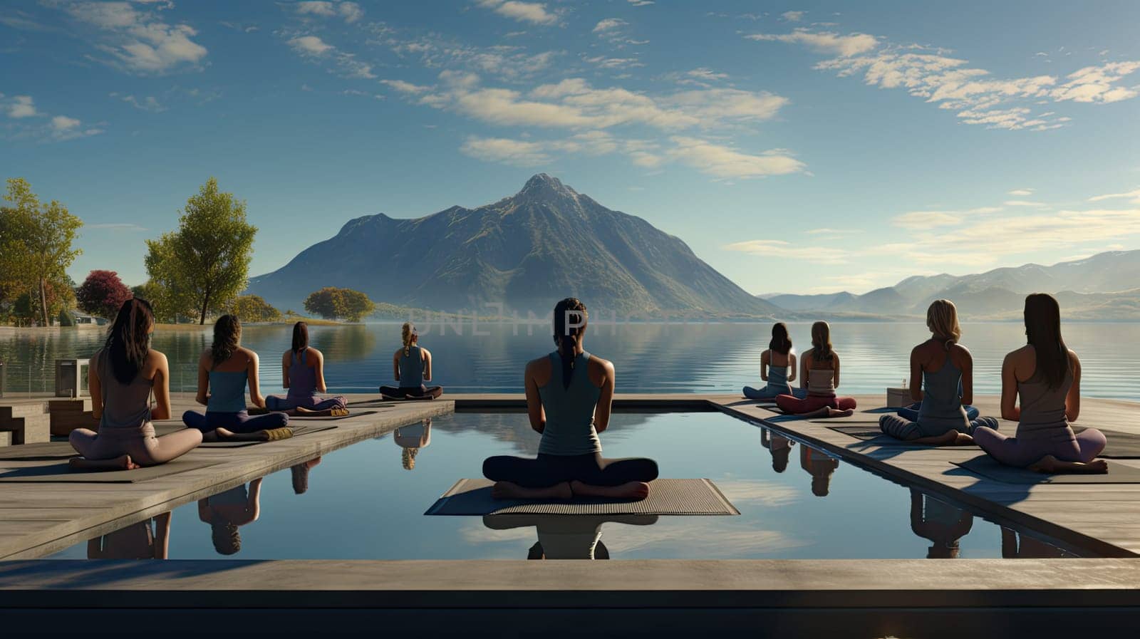 A serene lakeside yoga session ultra realistic illustration - Generative AI. Yoga, class, mountain, lake.