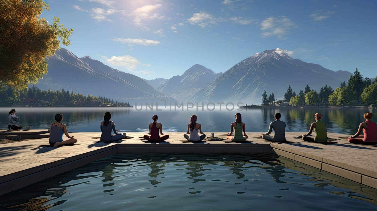 A serene lakeside yoga session ultra realistic illustration - Generative AI. Yoga, class, mountain, lake.