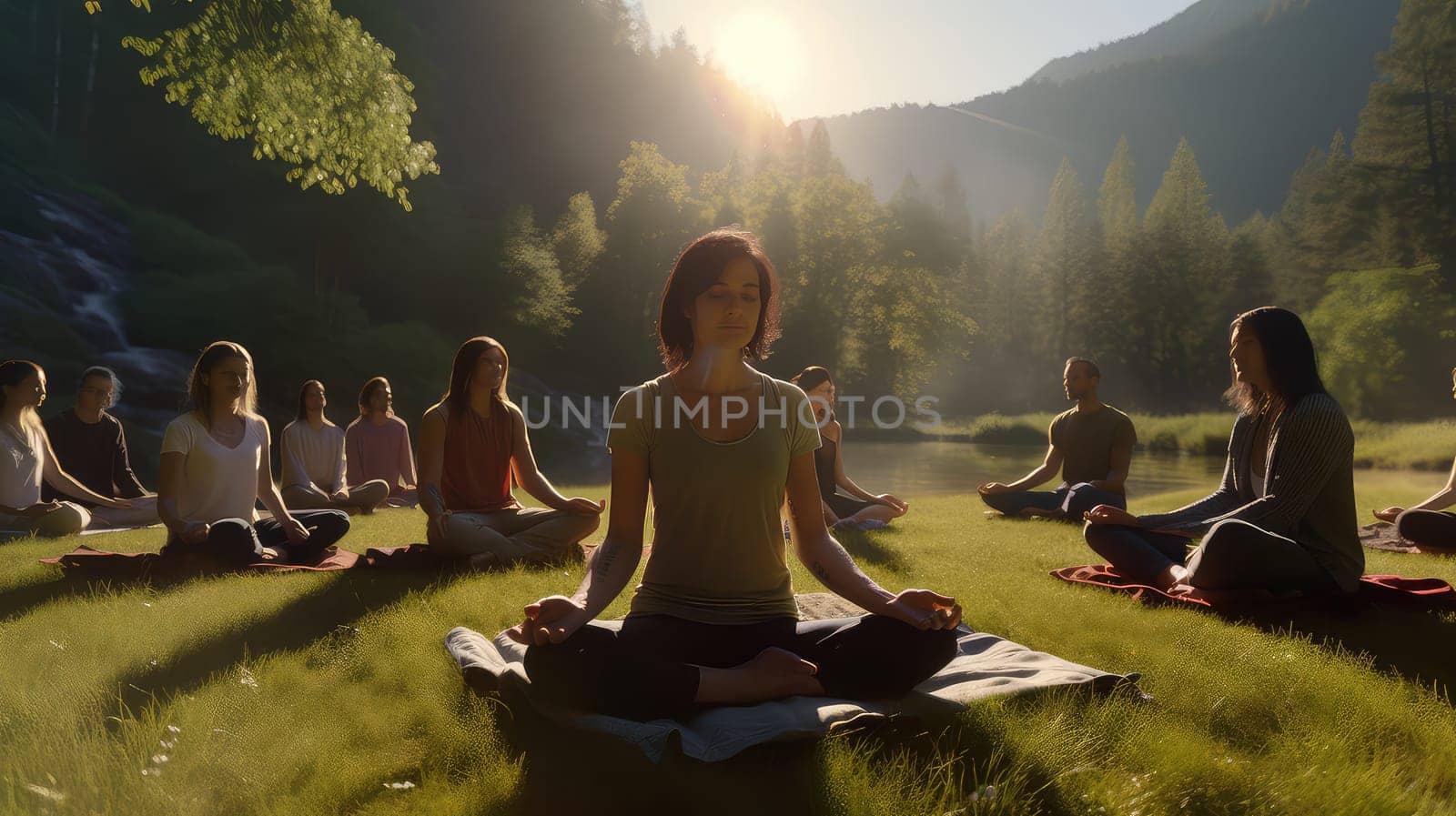 A serene yoga session in a lush green meadow ultra realistic illustration - Generative AI. by simakovavector