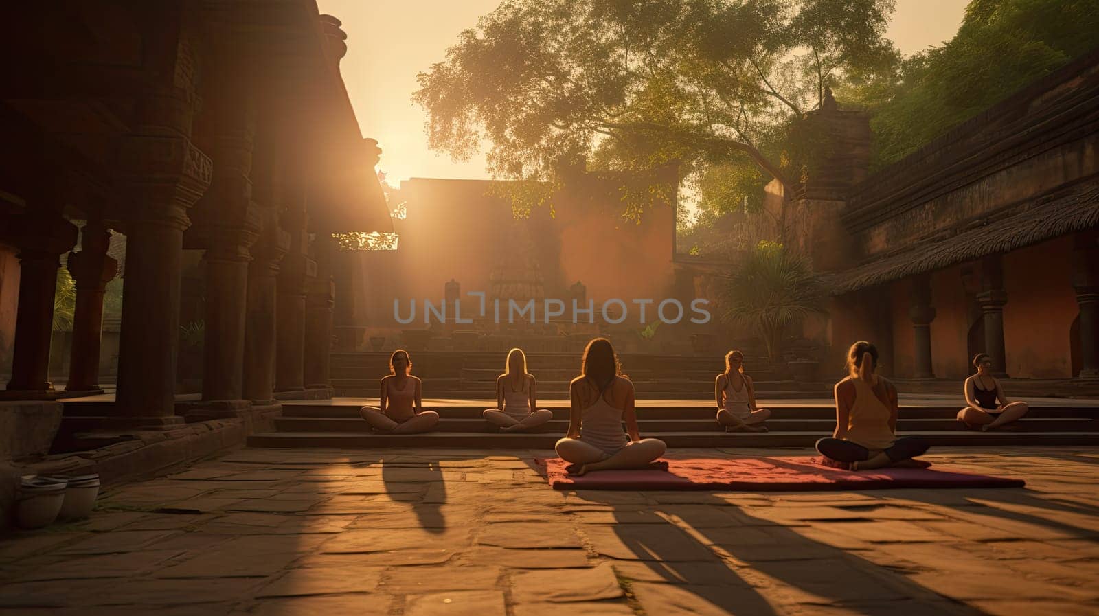 A serene yoga session in a temple courtyard ultra realistic illustration - Generative AI. Courtyard, yoga, pose, people, sunshine.
