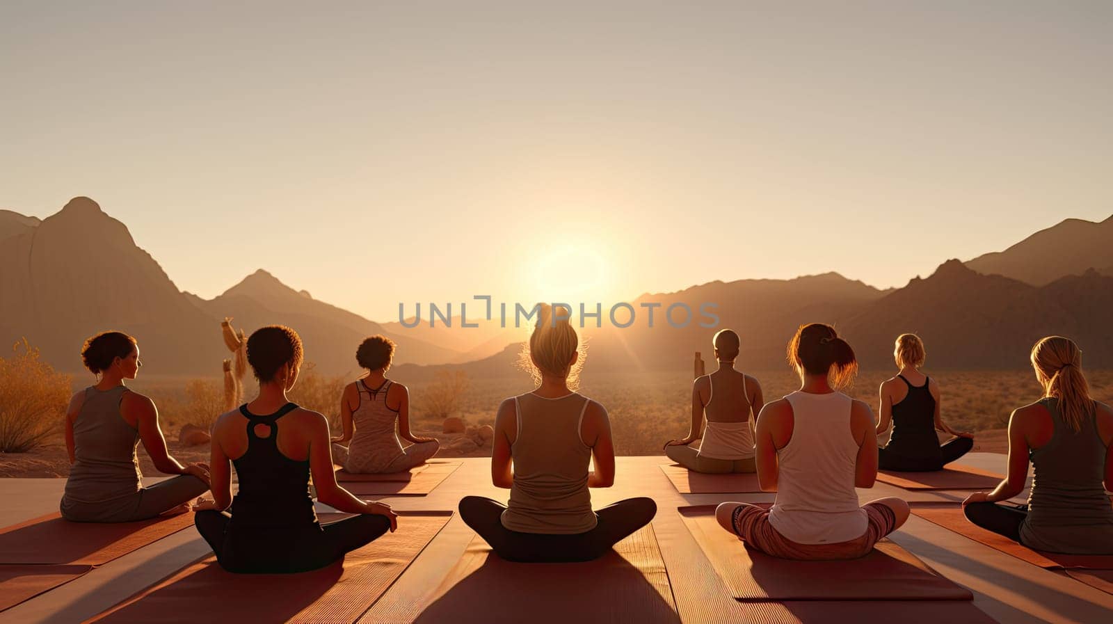 A tranquil desert yoga practice ultra realistic illustration - Generative AI. Desert, yoga, people, sunset.