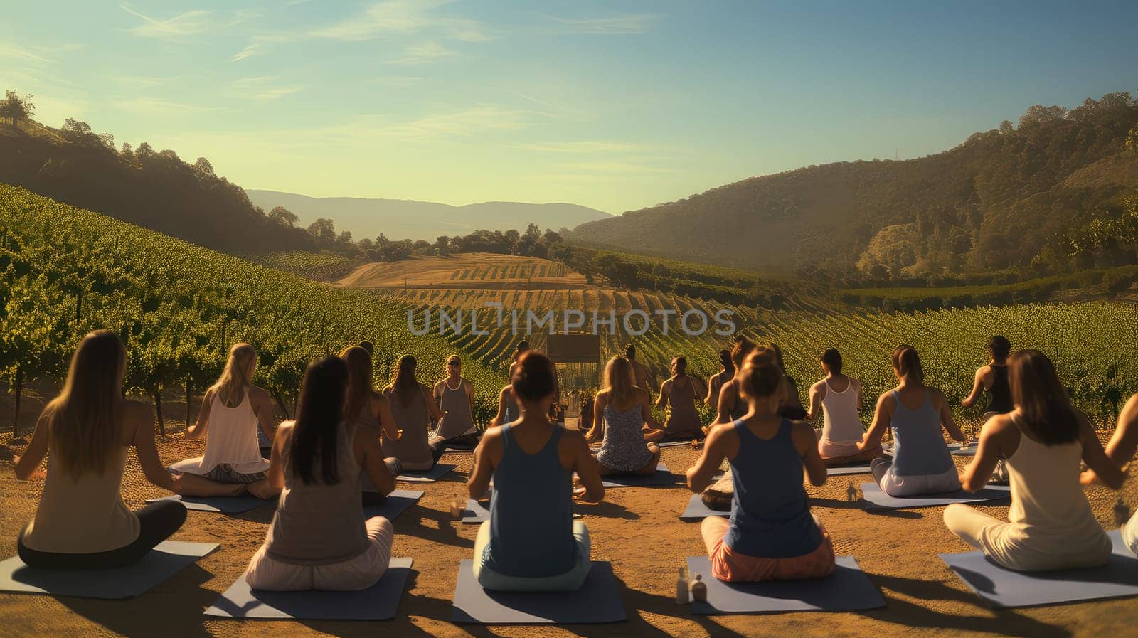 A yoga class in a picturesque vineyard ultra realistic illustration - Generative AI. by simakovavector