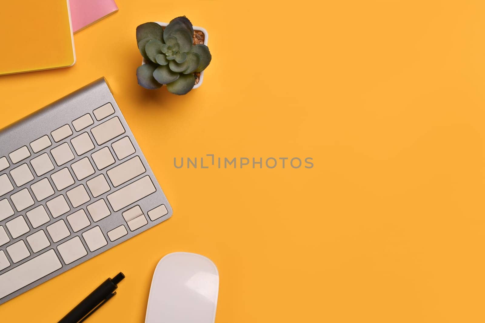 Above view keyboard, notebook and succulent plant on yellow background. Space for text advertising text message.