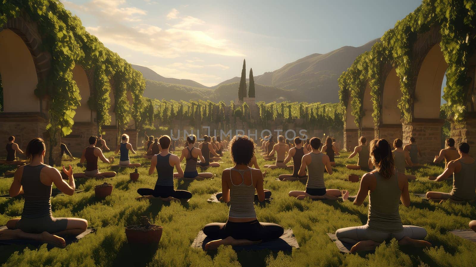 A yoga class in a picturesque vineyard ultra realistic illustration - Generative AI. by simakovavector