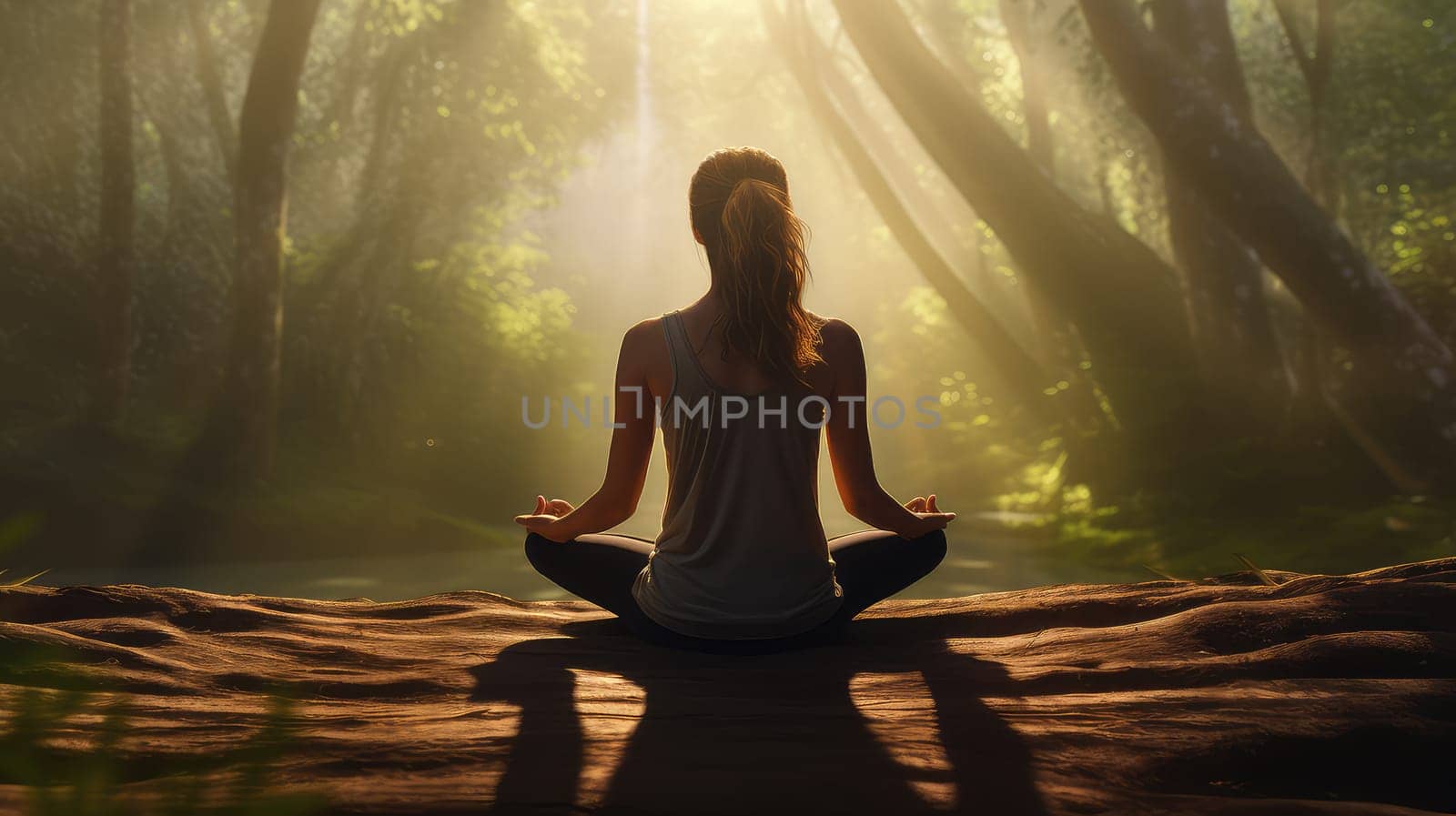 A yoga practicioner in a serene forest ultra realistic illustration - Generative AI. by simakovavector