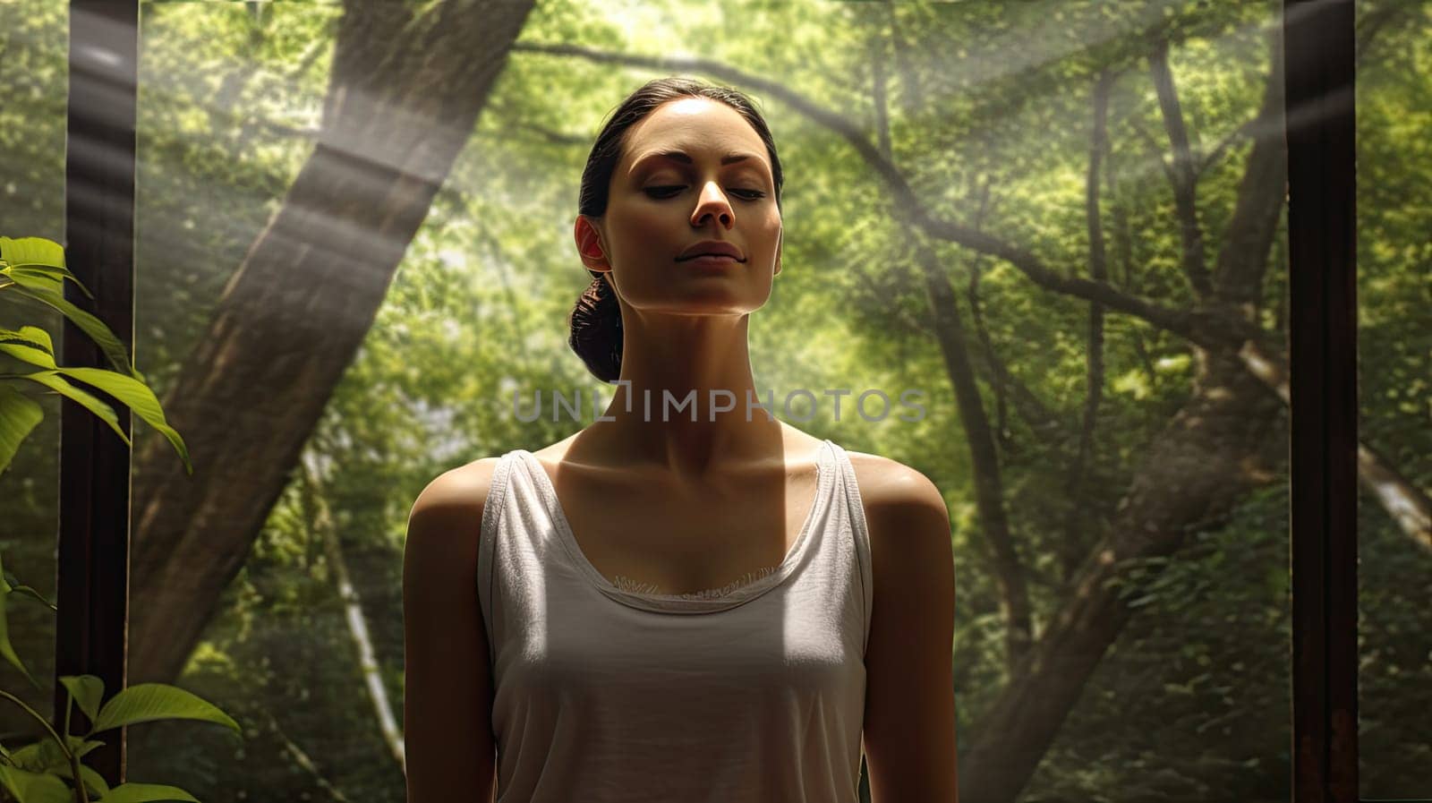 A yoga practicioner in a serene forest ultra realistic illustration - Generative AI. Forest, woman, yoga, pose.