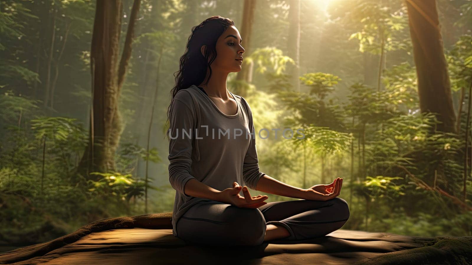 A yoga practicioner in a serene forest ultra realistic illustration - Generative AI. by simakovavector