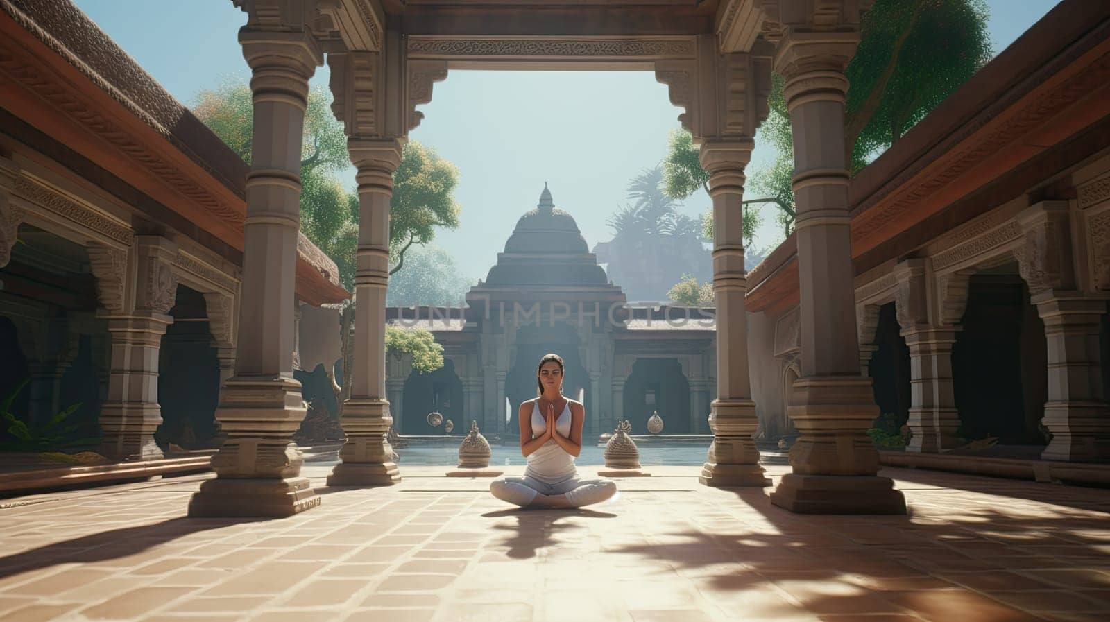 A yoga practicioner in a serene courtyard ultra realistic illustration - Generative AI. Courtyard, yoga, position, woman.