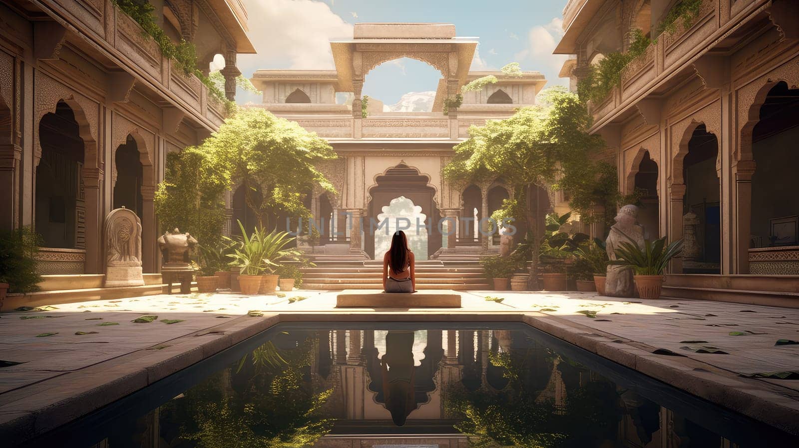 A yoga practicioner in a serene courtyard ultra realistic illustration - Generative AI. by simakovavector