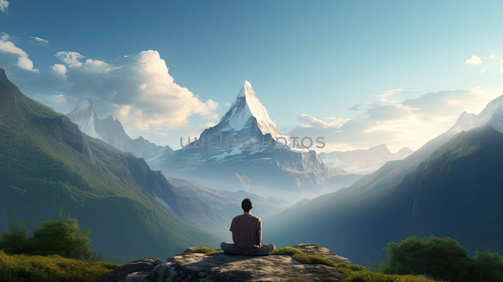 A yoga practicioner in a tranquil mountains ultra realistic illustration - Generative AI. by simakovavector