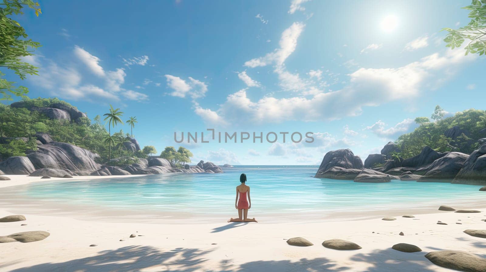 A yoga practicioner on a remote island ultra realistic illustration - Generative AI. Beach, water, sky, girl, yoga.