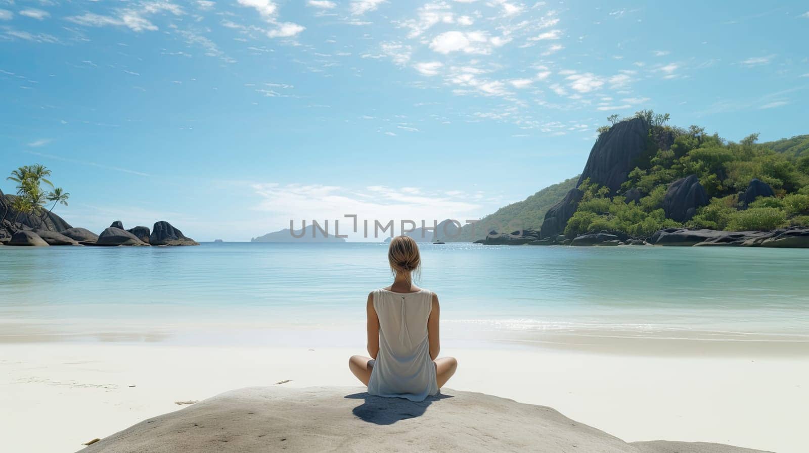 A yoga practicioner on a remote island ultra realistic illustration - Generative AI. by simakovavector