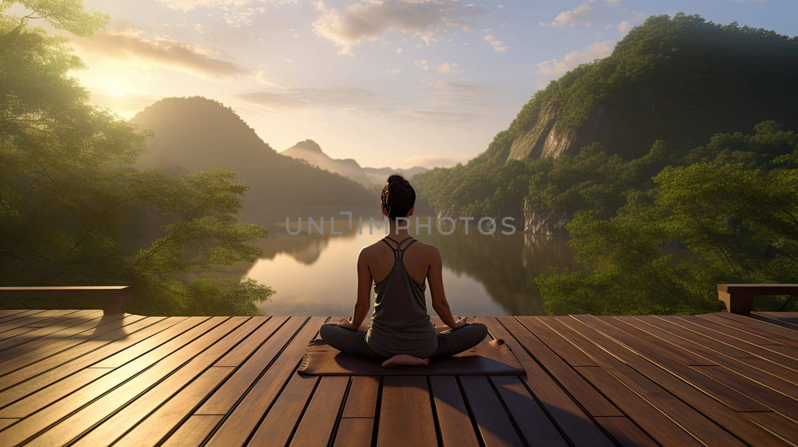 A yoga practicioner on a wooden deck ultra realistic illustration - Generative AI. Wooden, deck, yoga, lake, woman.