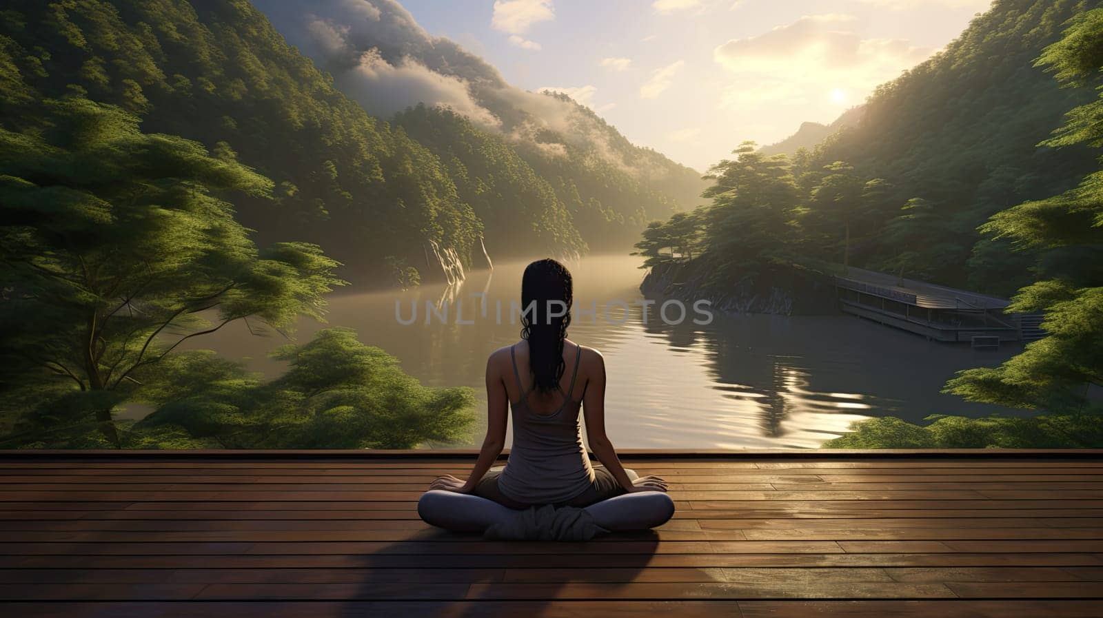 A yoga practicioner on a wooden deck ultra realistic illustration - Generative AI. Wooden, deck, yoga, lake, woman.