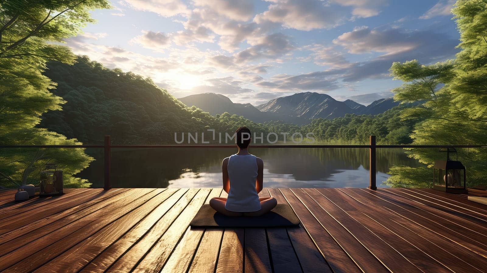 A yoga practicioner on a wooden deck ultra realistic illustration - Generative AI. Wooden, deck, yoga, lake, woman.