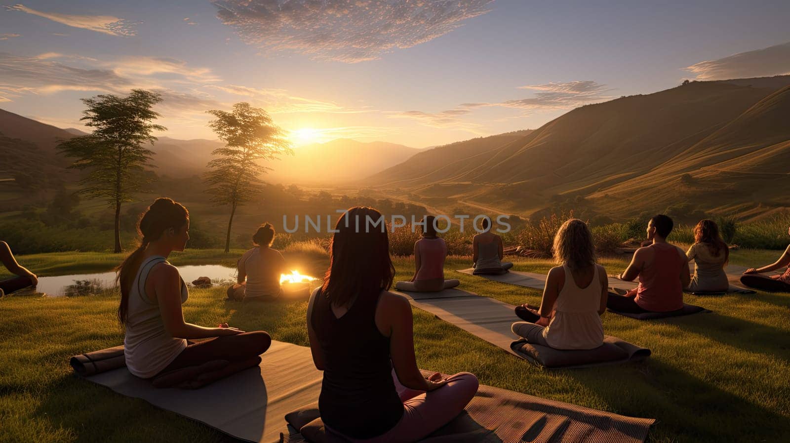 A yoga retreat in a quite countryside ultra realistic illustration - Generative AI. Countryside, yoga, class, hills, sunlight.