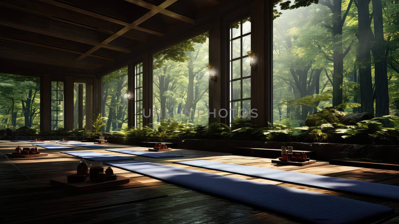 A yoga retreat in a secluded forest ultra realistic illustration - Generative AI. Forest, porch, trees, sunlight.