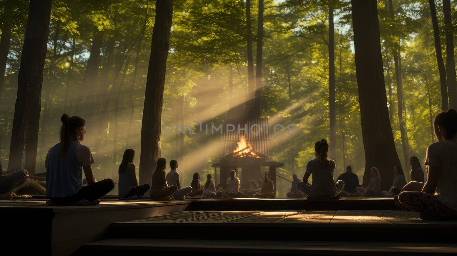 A yoga retreat in a secluded forest ultra realistic illustration - Generative AI. Forest, porch, trees, sunlight.