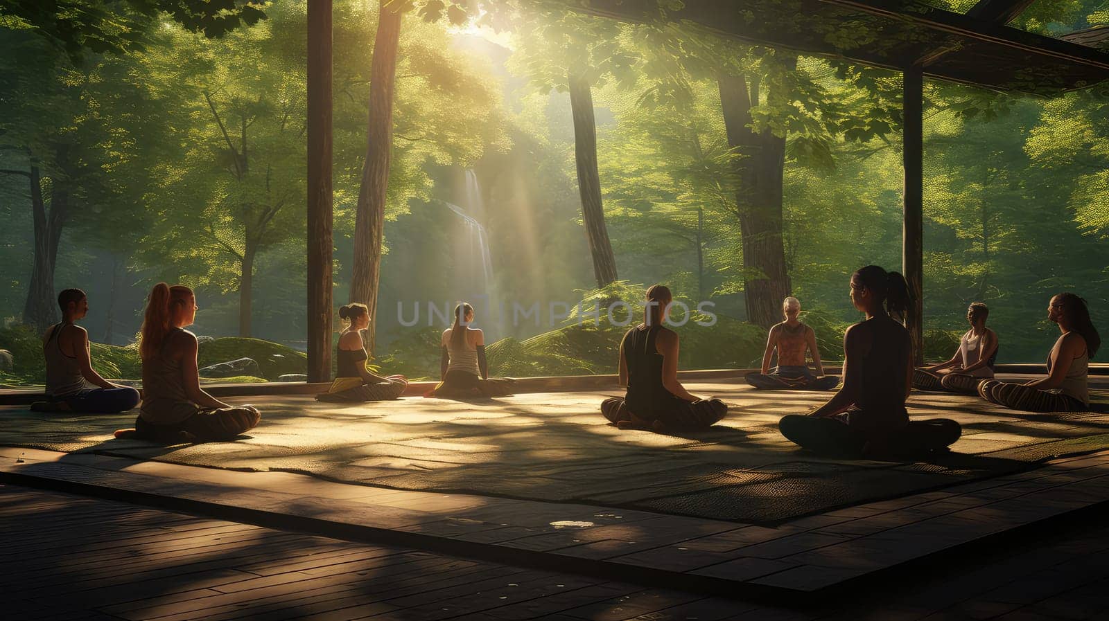 A yoga retreat in a secluded forest ultra realistic illustration - Generative AI. by simakovavector