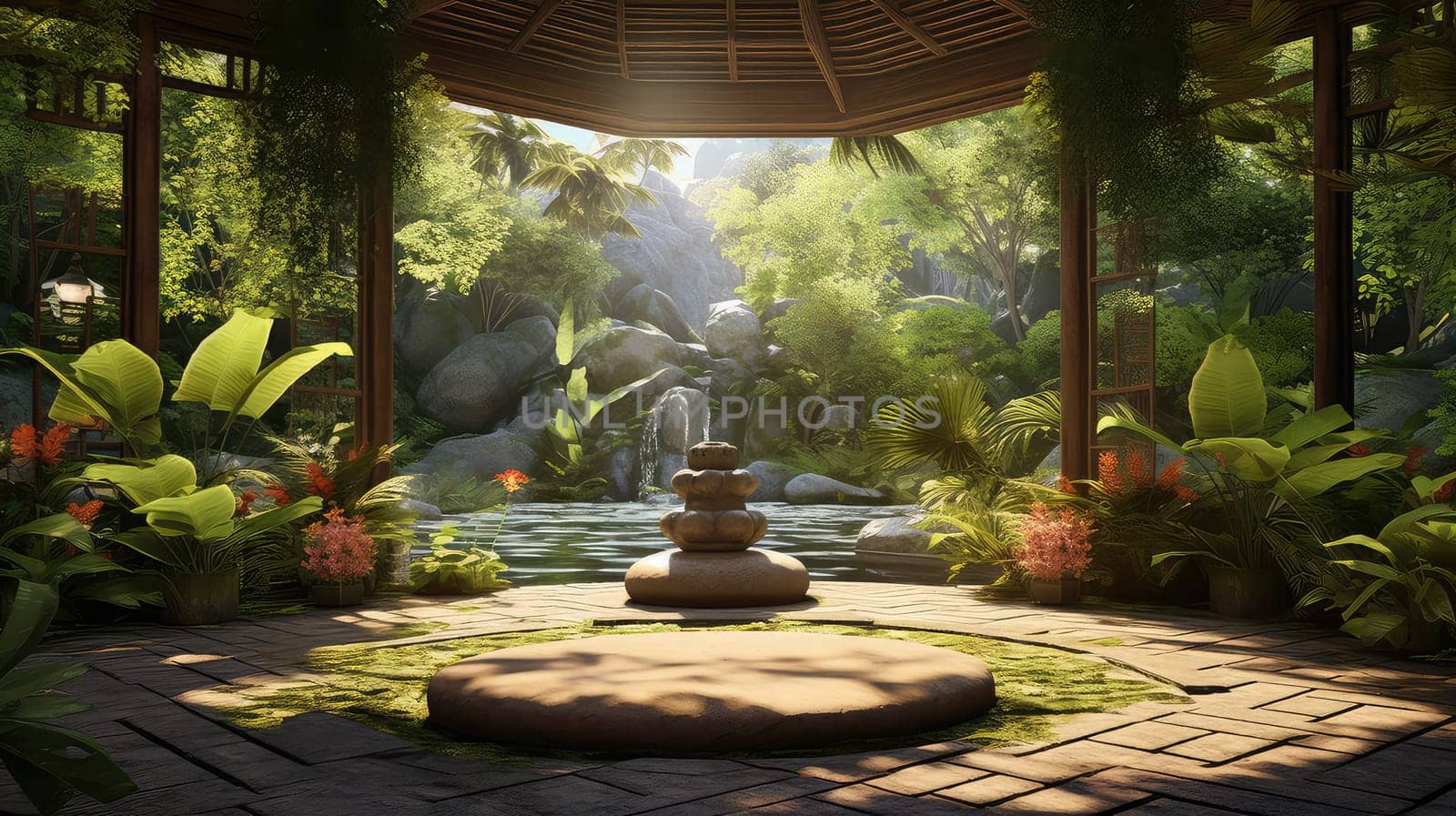 A yoga session in a tranquil spa ultra realistic illustration - Generative AI. Palms, sunlight, mat, veranda.