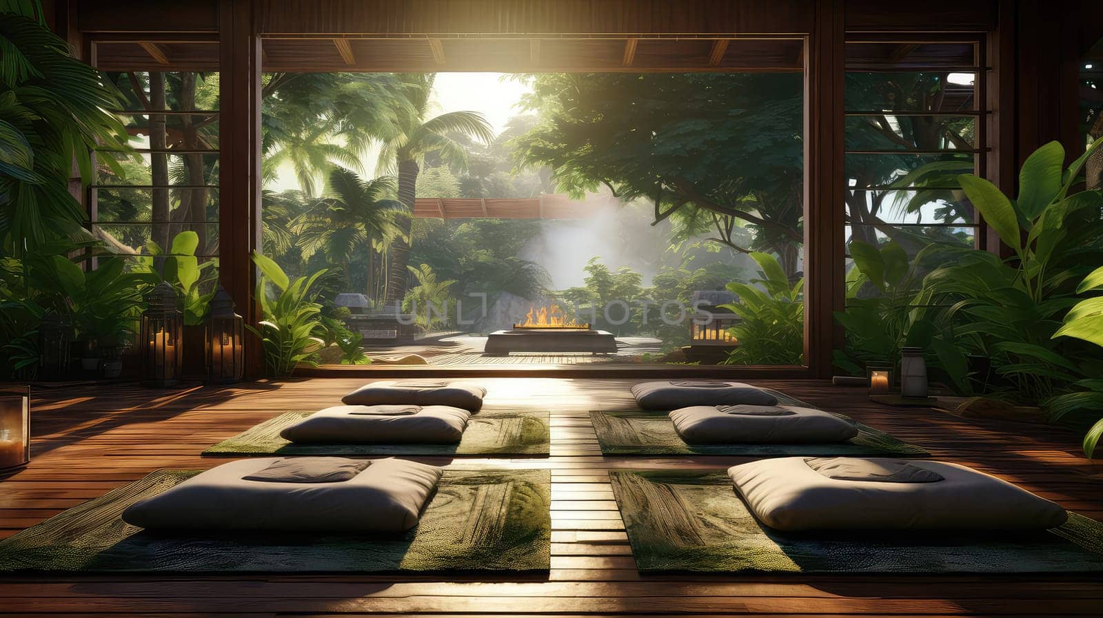 A yoga session in a tranquil spa ultra realistic illustration - Generative AI. Palms, sunlight, mat, veranda.