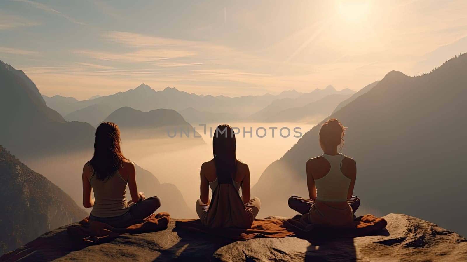 A yoga session in a mountaintop ultra realistic illustration - Generative AI. by simakovavector