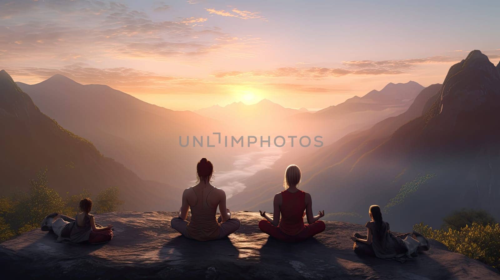 A yoga session in a mountaintop ultra realistic illustration - Generative AI. by simakovavector