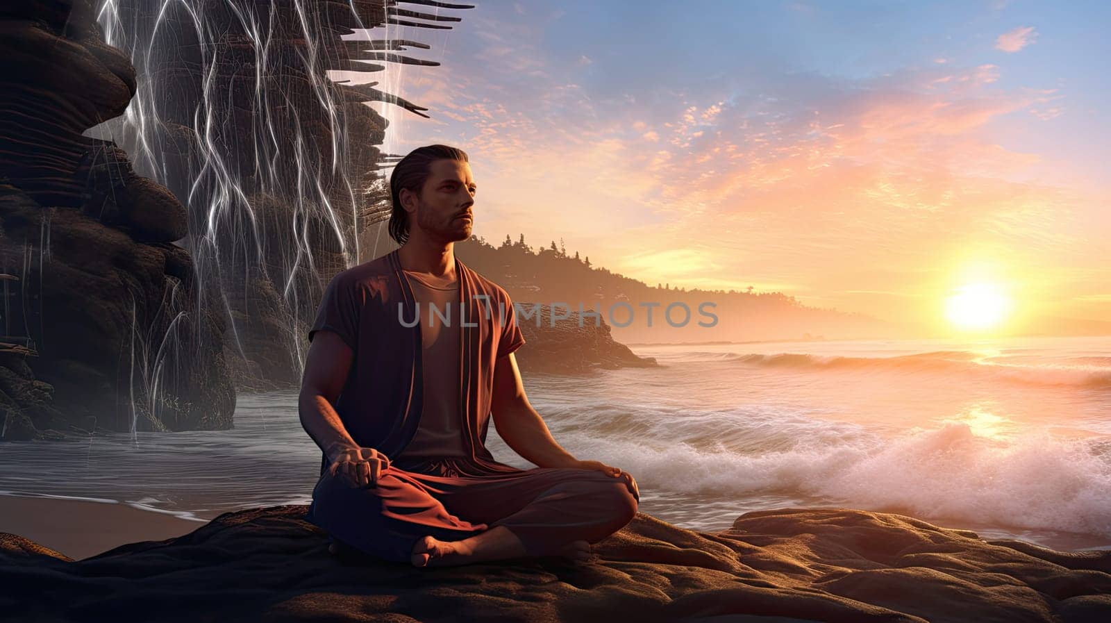 A yogi on the beach ultra realistic illustration - Generative AI. Beach, meditation, yoga, person.