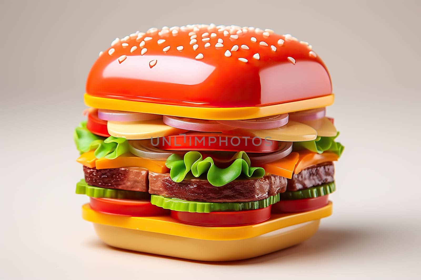 Plastic burger. Toy burger for children isolated on white background. by Vovmar