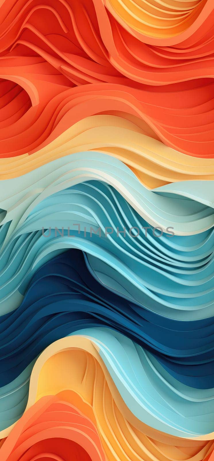 A captivating interplay of orange, yellow, and blue waves bold graphic illustration - Generative AI. Orange, yellow, blue, waves.