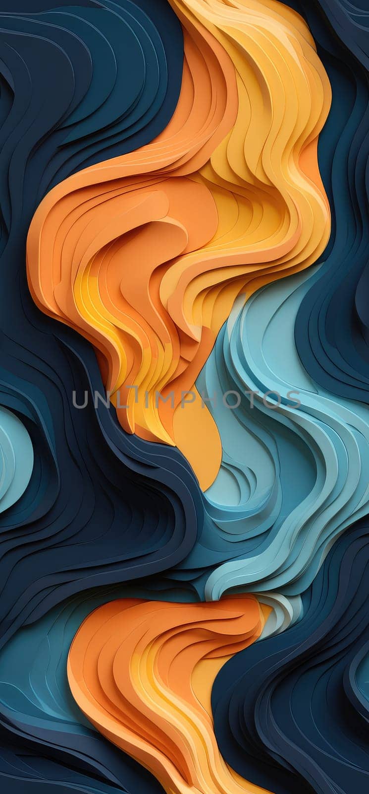 A mesmerizing fusion of orange, yellow, and blue waves bold graphic illustration - Generative AI. by simakovavector