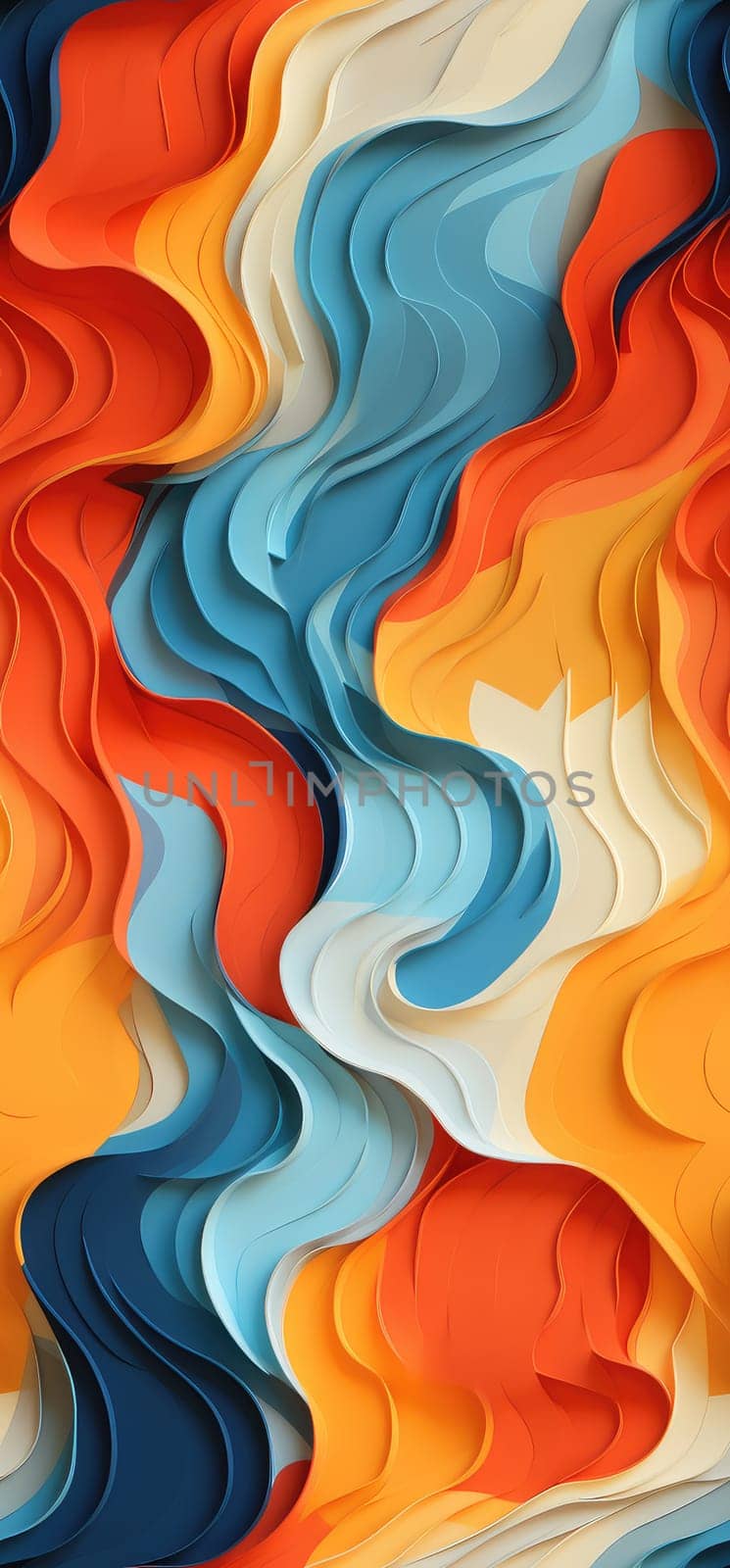 A mesmerizing fusion of orange, yellow, and blue waves bold graphic illustration - Generative AI. by simakovavector