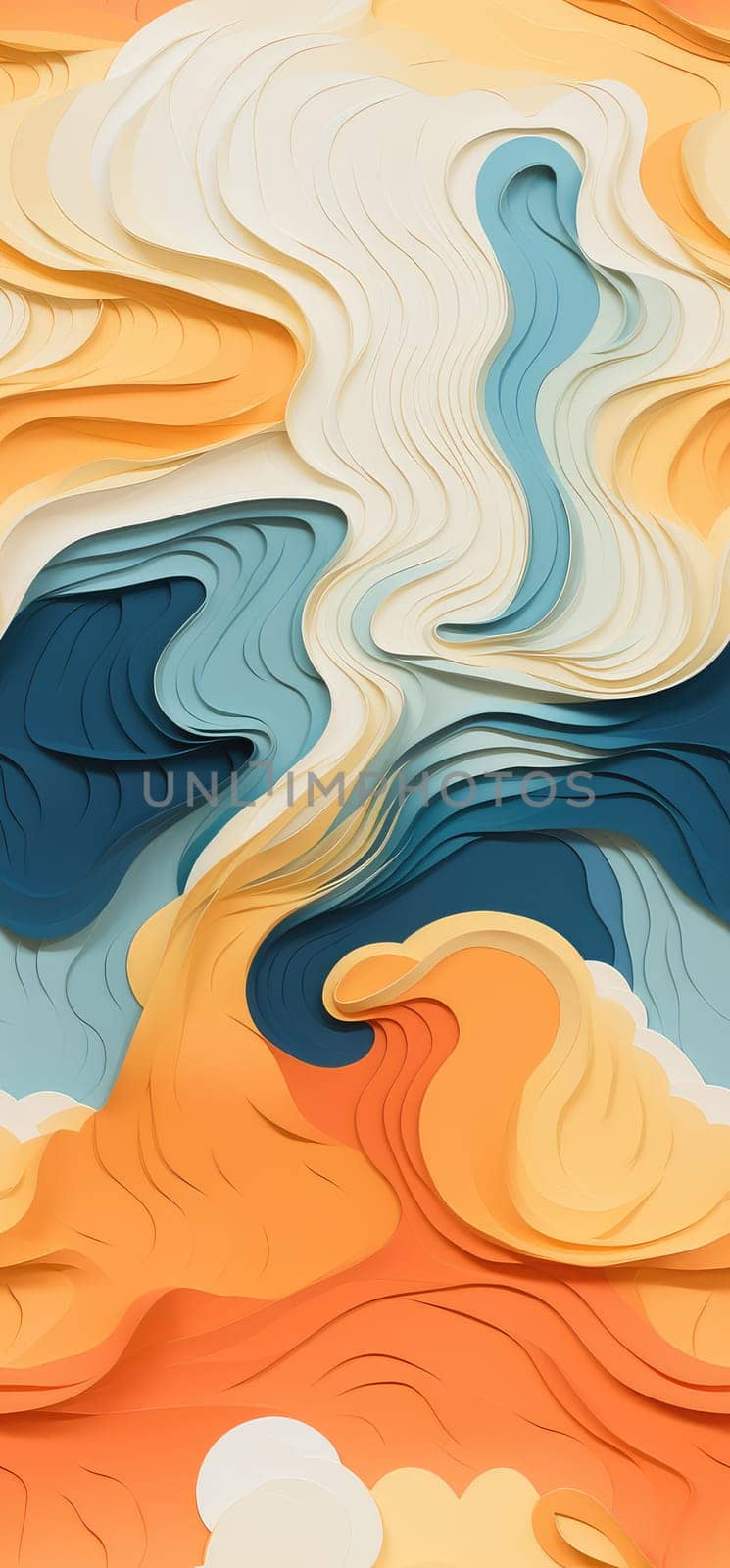 Abstract waves of orange, yellow, and blue waves bold graphic illustration - Generative AI. by simakovavector