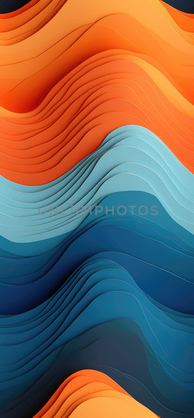 Abstract waves of orange, yellow, and blue waves bold graphic illustration - Generative AI. Smooth, wallpaper, waves, yellow, orange.