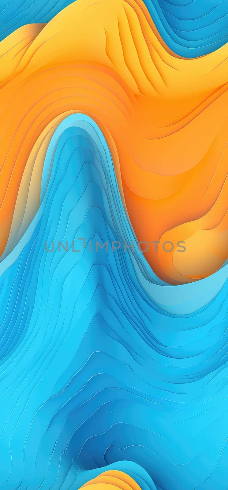 Abstract waves of orange, yellow, and blue waves bold graphic illustration - Generative AI. Smooth, wallpaper, waves, yellow, orange.