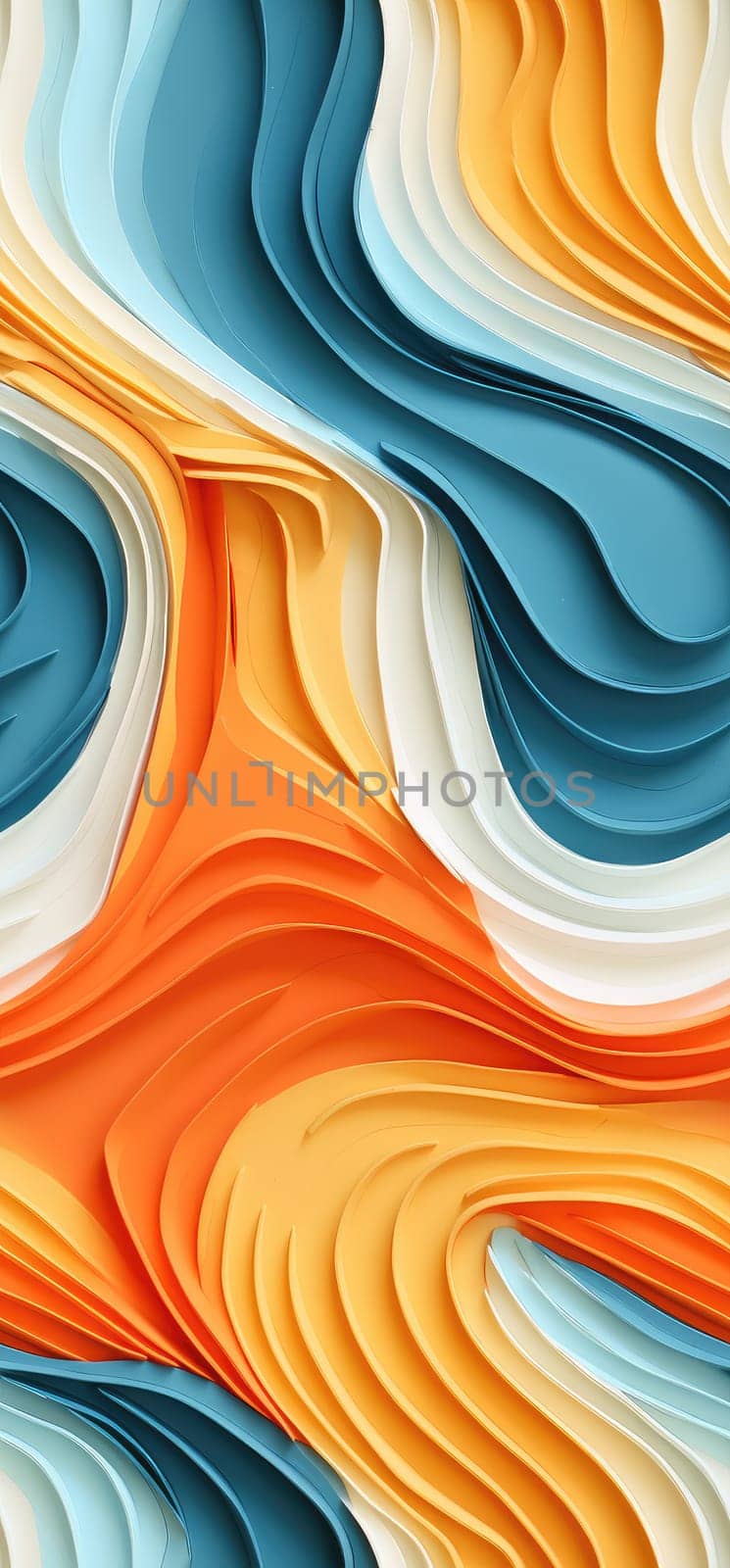 An abstract tapestry of orange, yellow, and blue waves bold graphic illustration - Generative AI. by simakovavector