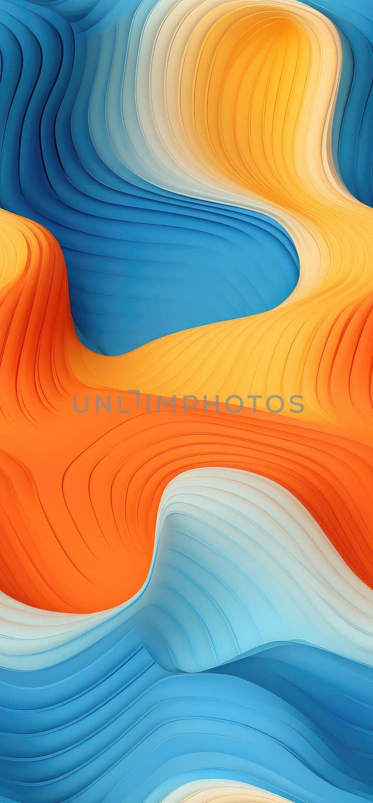 Bold and dynamic waves of orange, yellow, and blue waves bold graphic illustration - Generative AI. Volume, multicolor, waves, wallpapers, orange.