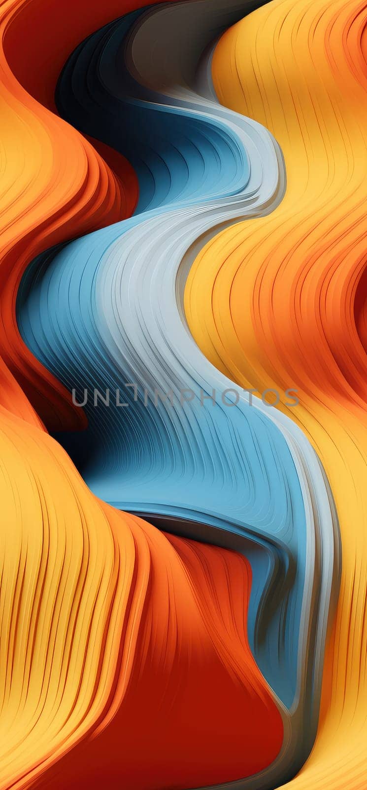 Bold and dynamic waves of orange, yellow, and blue waves bold graphic illustration - Generative AI. Volume, multicolor, waves, wallpapers, orange.
