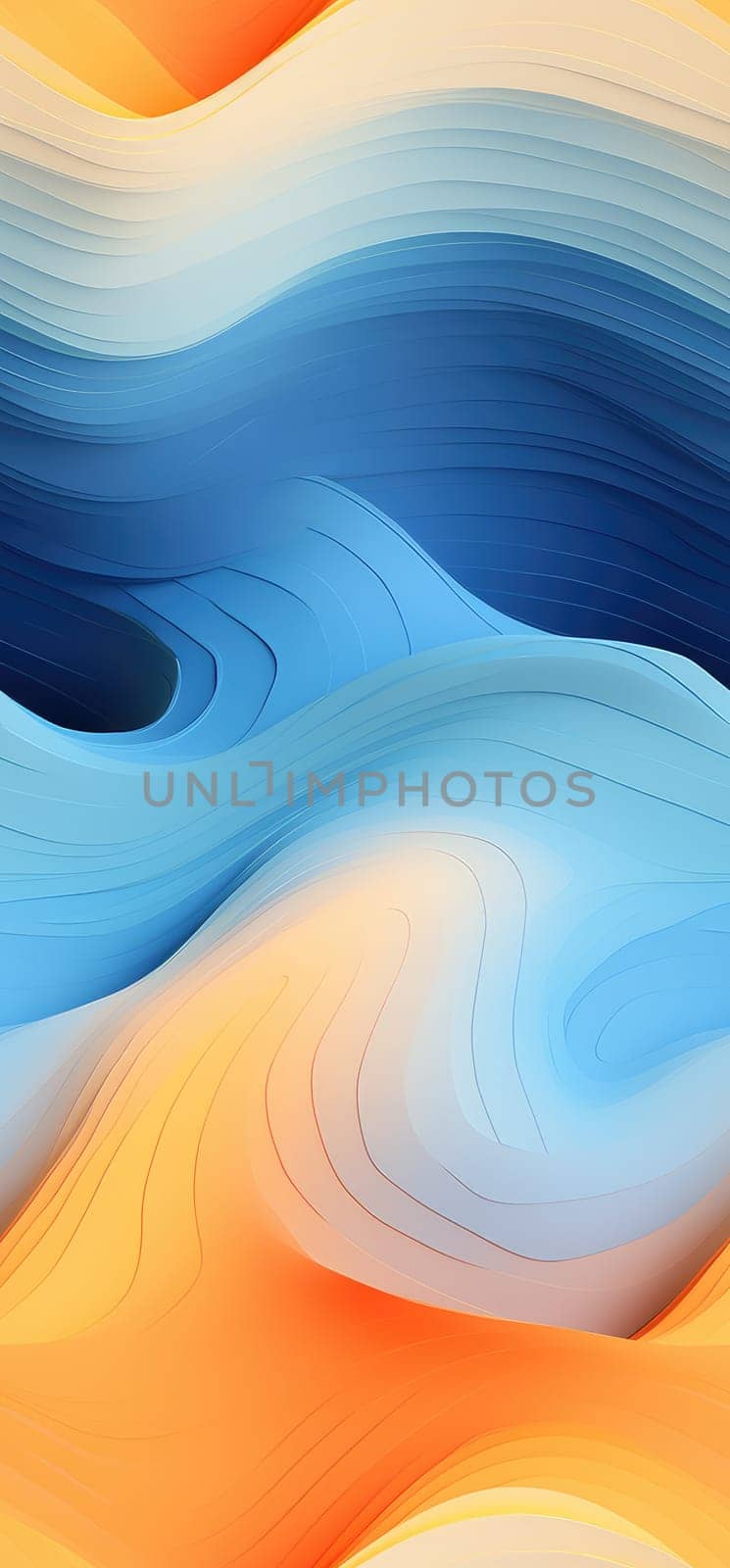 Radiant waves of orange, yellow, and blue waves bold graphic illustration - Generative AI. Radiant, waves, blue, orange.