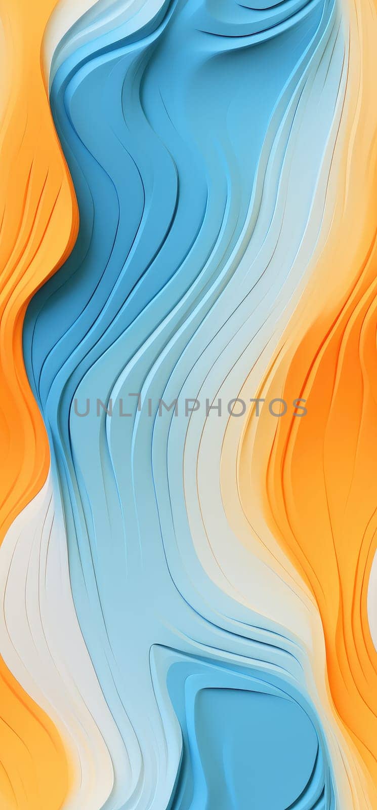 Radiant waves of orange, yellow, and blue waves bold graphic illustration - Generative AI. Horizontal, waves, blue, yellow, orange.