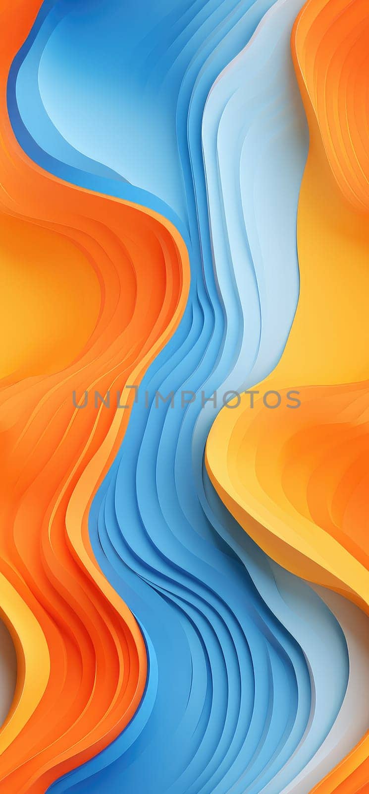 Swirling waves of orange, yellow, and blue waves bold graphic illustration - Generative AI. Swirling, waves, wallpapers, blue, orange.