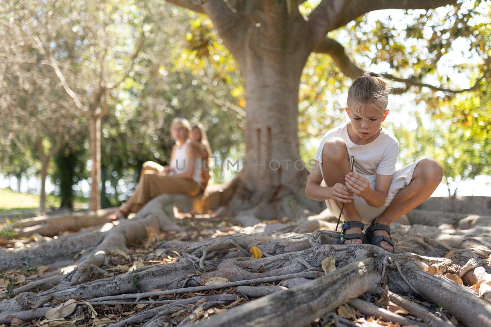 Boy examines tree roots while family relaxes nearby