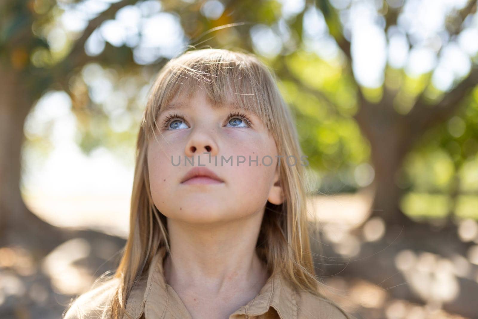 Child looking up with trees in the background on a sunny day