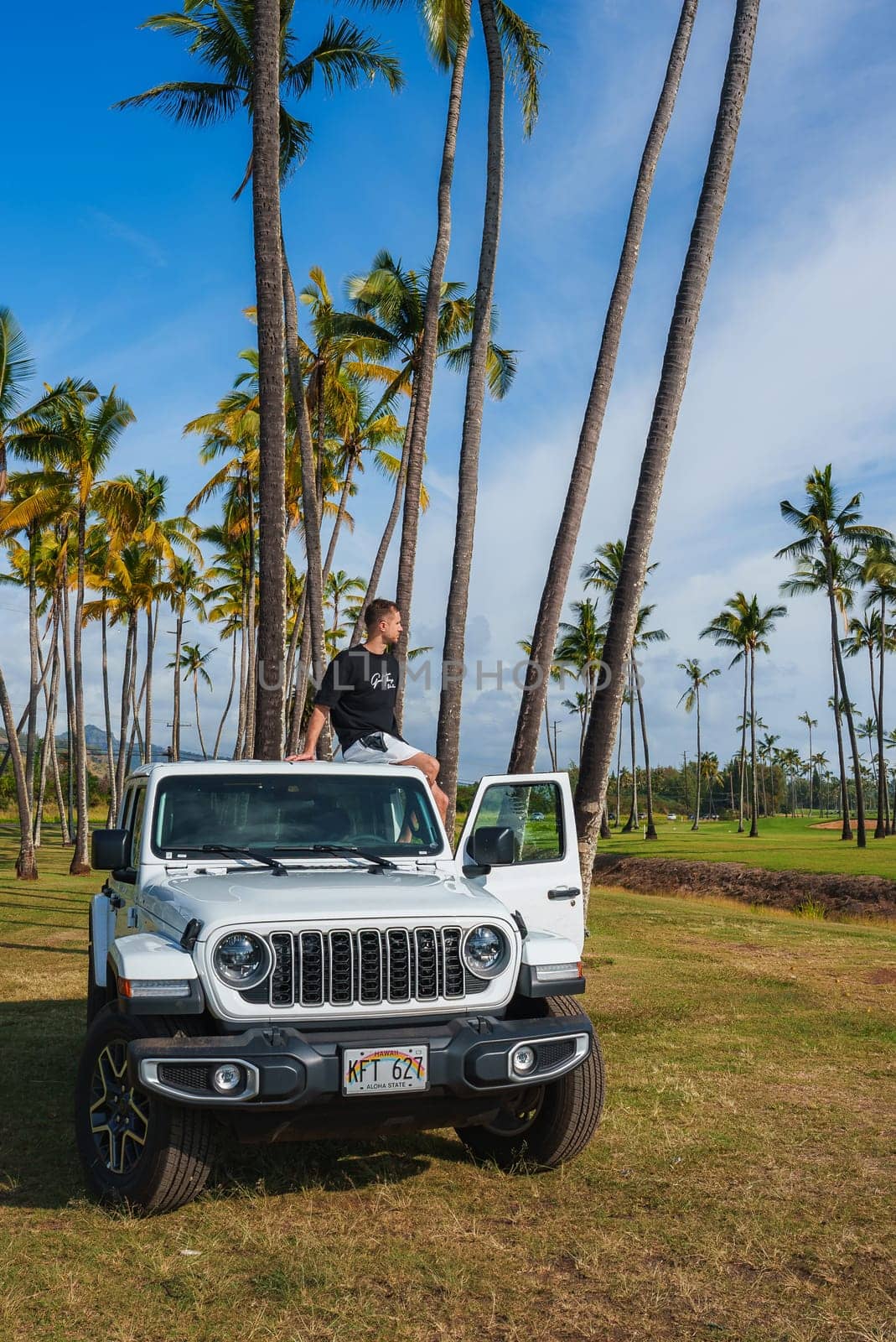 A white Jeep with a Hawaii license plate is parked on grass surrounded by tall palm trees. A person sits on the hood under a clear blue sky.