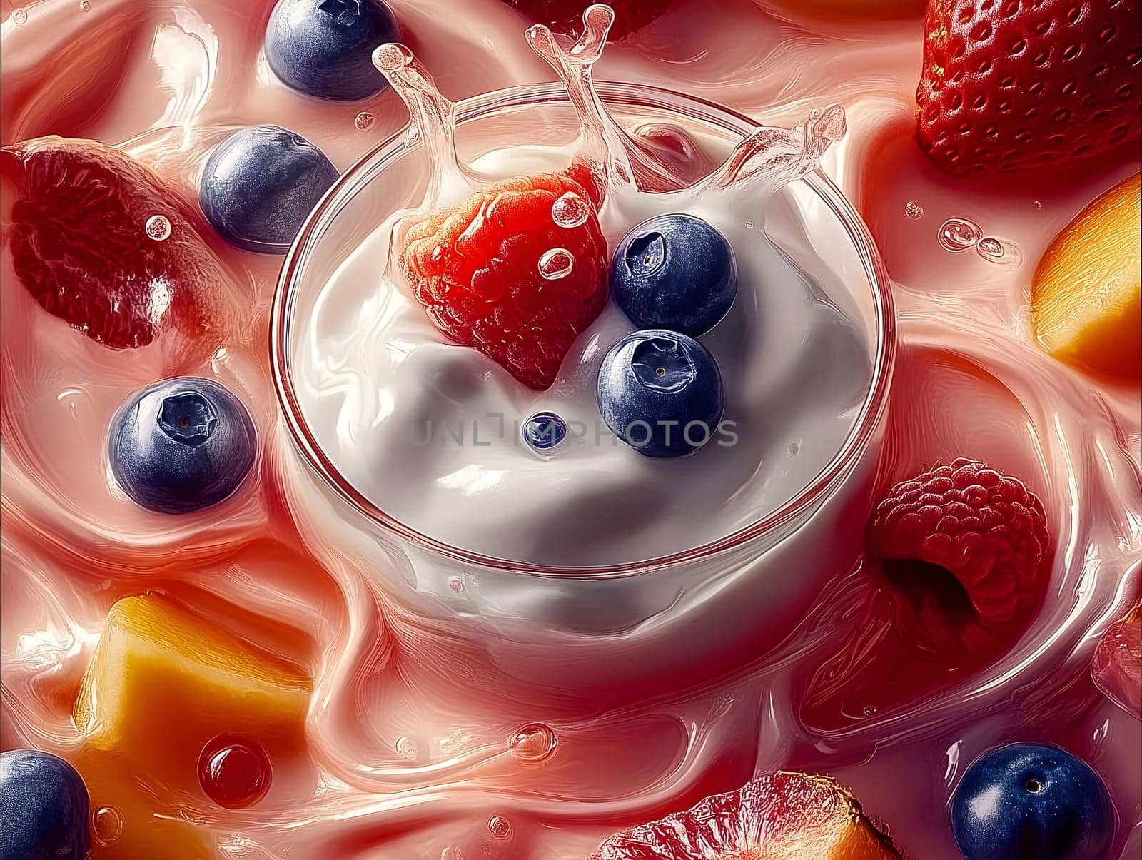A delicious mix of blueberries, strawberries, raspberries, and mango pieces immersed in creamy yogurt, creating a dynamic splash. The vibrant colors and textures highlight freshness and indulgence.