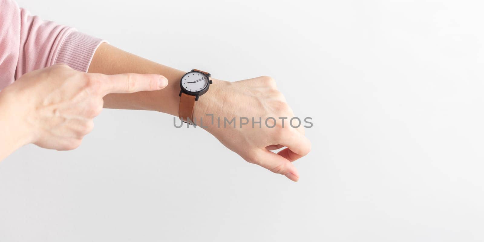 Hurry Up To Work. Woman's hands with wrist watches waiting for appointment or delay with clock, late or pointing, time management for schedule or travel