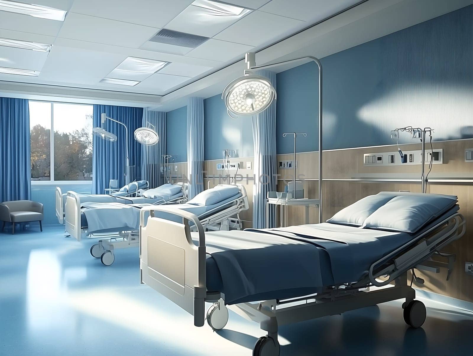 A bright and sterile hospital room featuring empty adjustable medical beds, advanced equipment, and large windows allowing natural light. The environment reflects healthcare, recovery, and patient care.