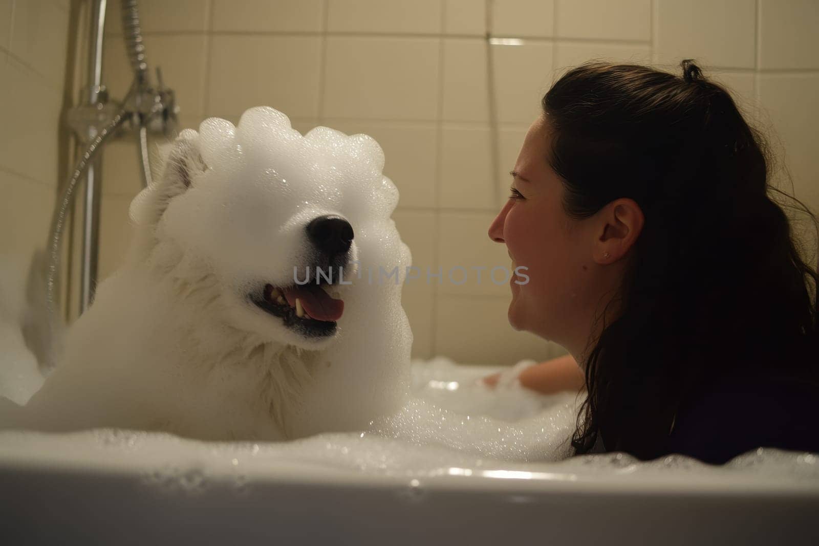 A fluffy Samoyed puppy sits playfully in a bathtub filled with bubbles, showcasing a joyful interaction with its owner. Perfect for pet lovers!