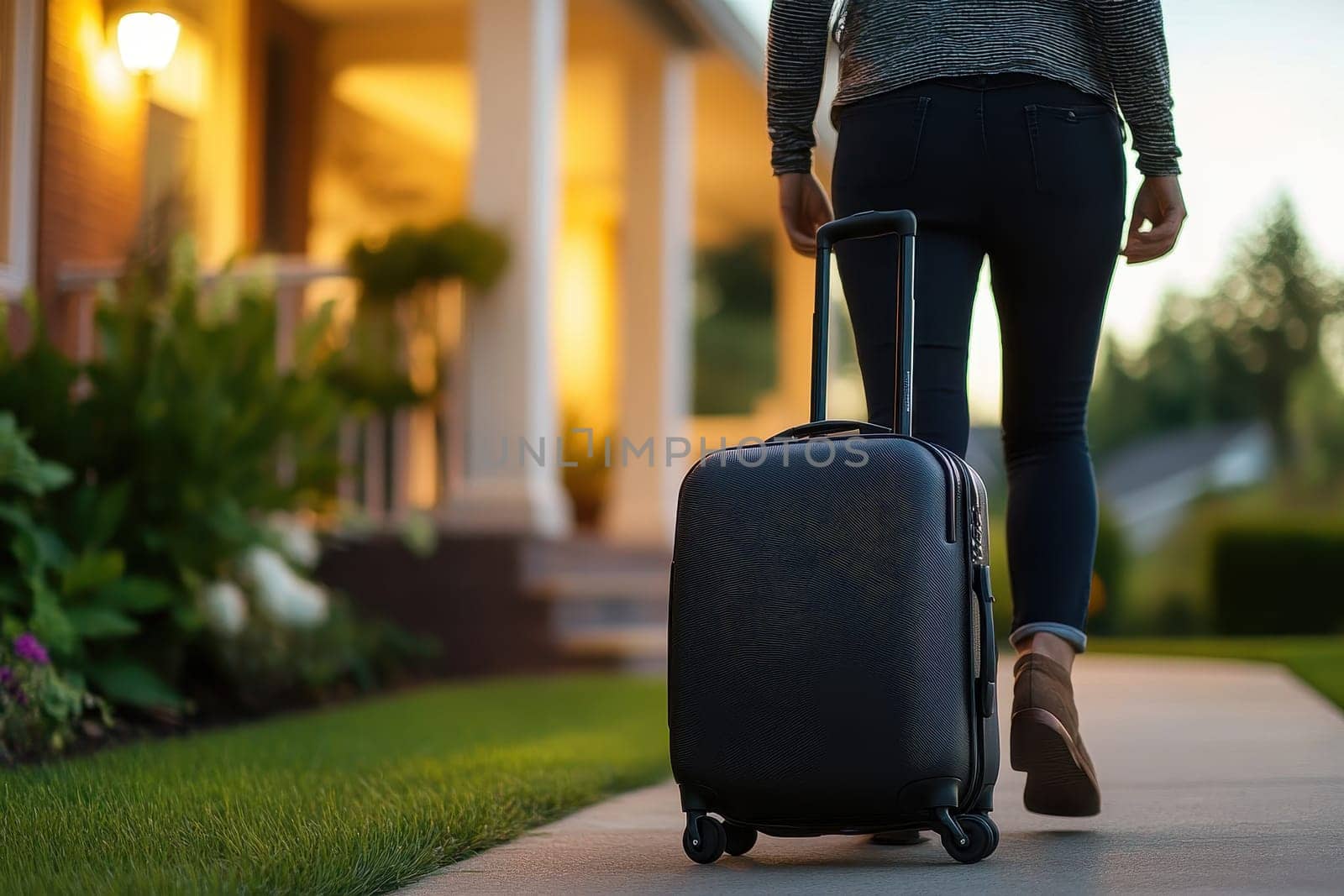 A modern traveler is seen stepping onto a welcoming front porch, casually pulling a sleek suitcase. The warm evening light highlights a journey filled with comfort and anticipation.