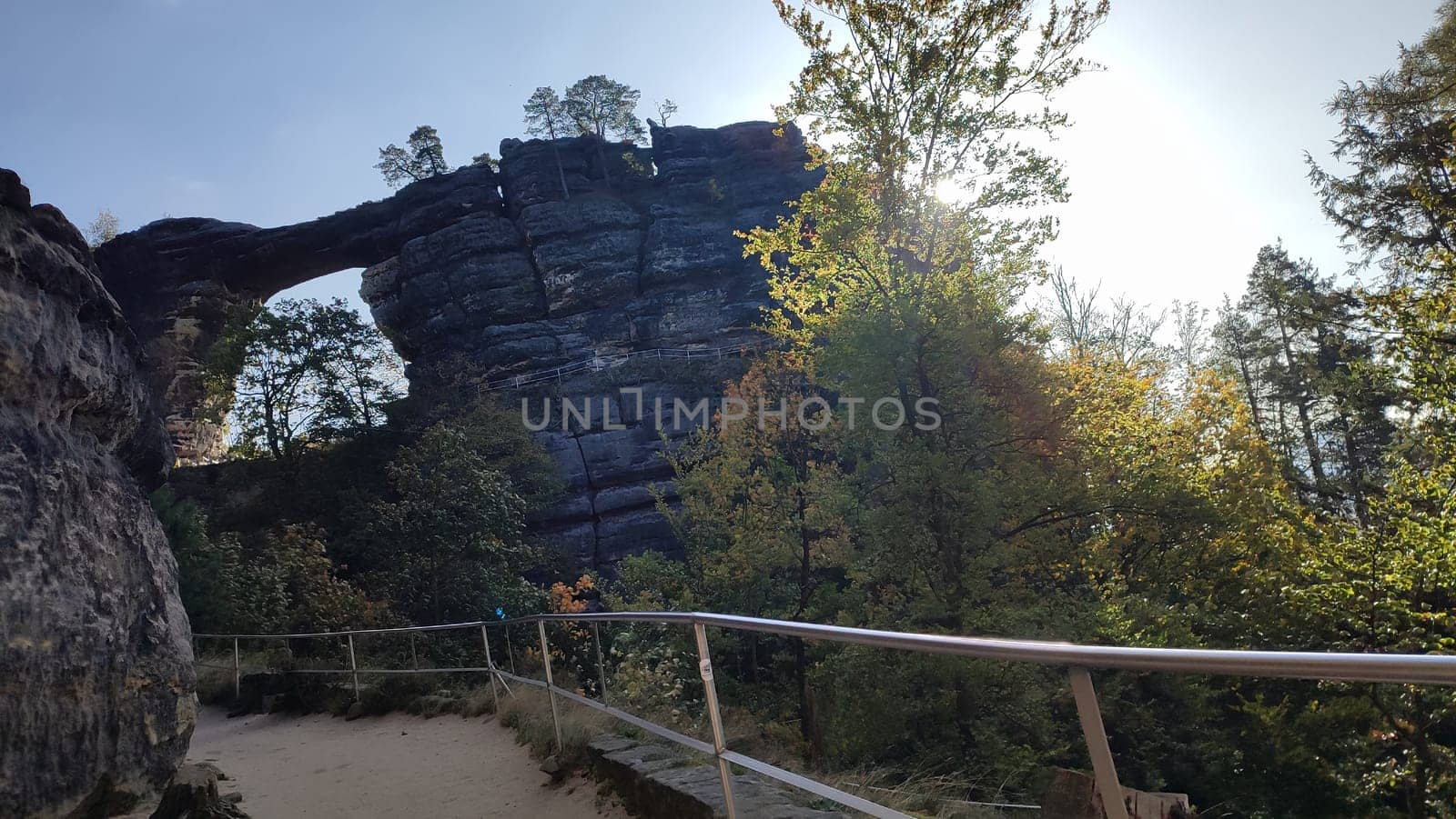 green nature summer autumn day rock forest travel trees landscape park background blue sky . High quality photo Czech Republic Europe brama